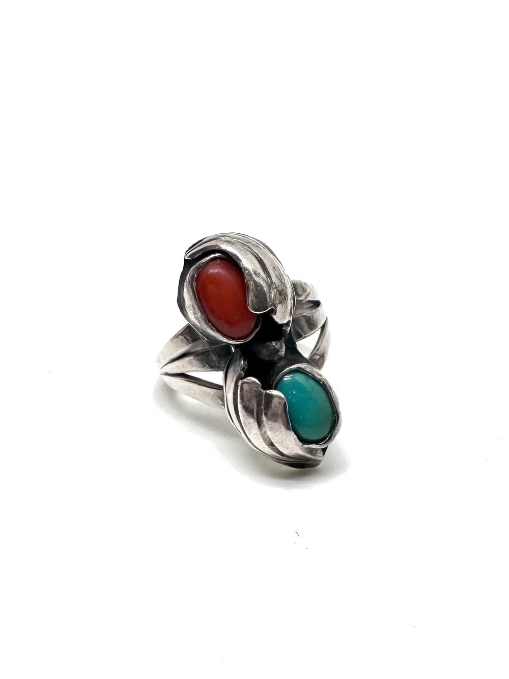 Vintage Sterling Silver Coral and Turquoise Ring Size 3 1/2
